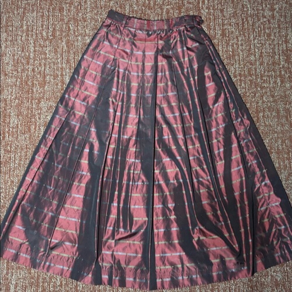 Vintage Windsor (west Germany) pleated burgundy & green 100% silk A-Line Skirt 0 - Picture 11 of 11